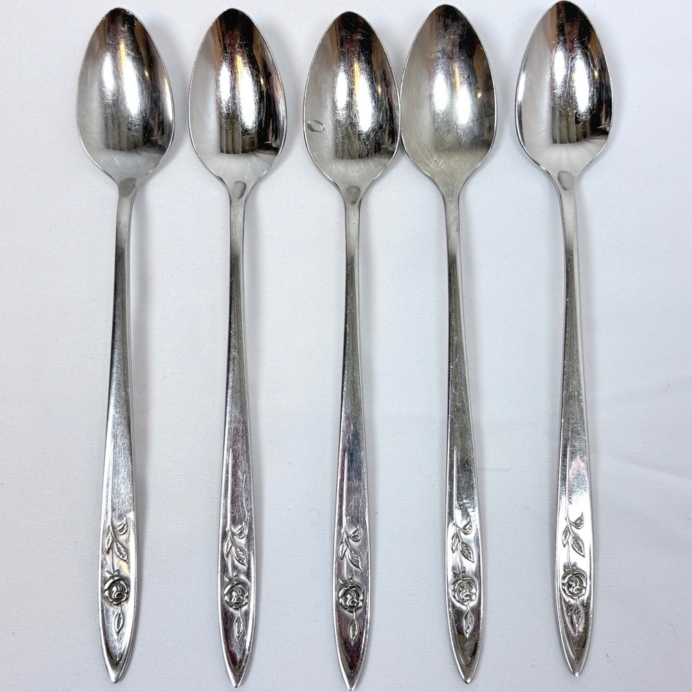 Vtg Oneida Community Stainless My Rose Iced Tea Spoons Set of 5 7.5" MCM
